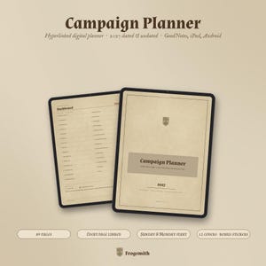 May include: A digital campaign planner displayed on two tablet screens. The left screen shows a dashboard with a list of categories, while the right screen displays a cover page titled Campaign Planner 2027 with a small emblem and text.