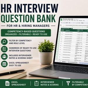 May include: A laptop displaying an Excel spreadsheet of HR interview questions. The screen shows a list of questions categorized by competency and role level. The image includes the text "HR Interview Question Bank" and "Digital Download". A pen, notebook, and small plant are also visible.
