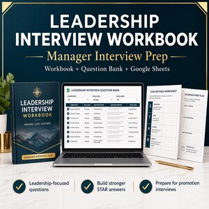 Peut inclure: Un livre bleu foncé "Leadership Interview Workbook" et un ordinateur portable affichant une banque de questions. L'image comprend également une feuille de calcul de la méthode STAR et un stylo. Le texte sur le livre se lit "Prepare. Lead. Succeed."