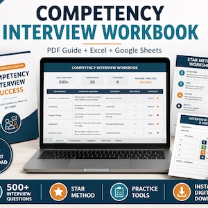 Puede incluir: Una computadora portátil muestra un cuaderno de trabajo de entrevista de competencia con el texto "Competency Interview Workbook". Los materiales que lo acompañan incluyen un libro encuadernado en espiral titulado "Competency Interview Success" y hojas de trabajo para el método STAR y la práctica de entrevistas.