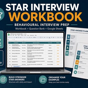 May include: A laptop screen shows a spreadsheet titled "STAR Interview Question Bank." The image includes a STAR Answer Planner and a STAR Method Worksheet. The image promotes interview prep with 500+ interview questions and a digital download.