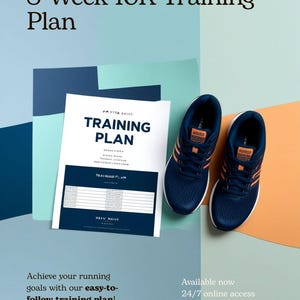 May include: An image promoting a 10K training plan, with text reading "8-Week 10K Training Plan" and "Training Plan." Navy blue running shoes with orange stripes are shown alongside the plan. The text also says "Achieve your running goals with our easy-to-follow training plan!"