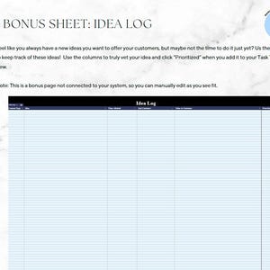 May include: A digital worksheet labelled "Idea Log" with a blue and white grid design. The text "BONUS SHEET: IDEA LOG" is at the top, with instructions on tracking ideas. The design includes the text "SCFSC DESIGNS" and "SOLOPRENEUR TASK TRACKER".