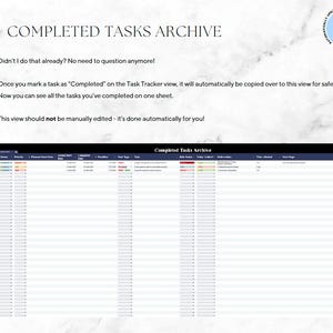 May include: A digital document titled "COMPLETED TASKS ARCHIVE" with text that reads "Didn't I do that already?" and "This view should not be manually edited". The document includes a spreadsheet with various columns and rows, and the words "SOLOPRENEUR TASK TRACKER" are visible.