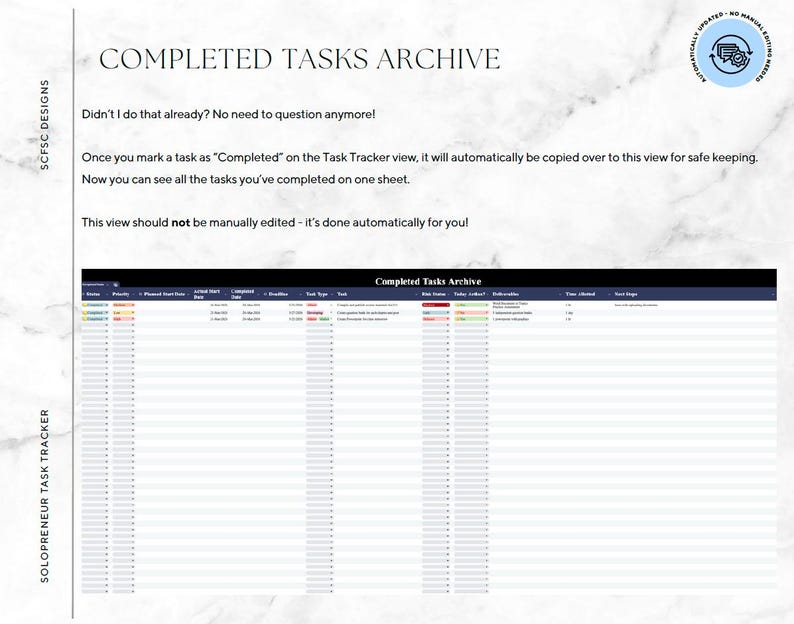 May include: A digital document titled "COMPLETED TASKS ARCHIVE" with text that reads "Didn't I do that already?" and "This view should not be manually edited". The document includes a spreadsheet with various columns and rows, and the words "SOLOPRENEUR TASK TRACKER" are visible.