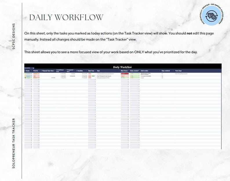 May include: A digital document labelled "Daily Workflow" with a task tracker layout. The document includes the text "SOLOPRENEUR TASK TRACKER" and "SCFSC DESIGNS." The tracker displays rows and columns for task management, with a blue header and white background.
