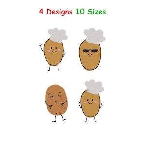 Può includere: Quattro disegni ricamati con patate dei cartoni animati che indossano cappelli da chef. Le patate hanno espressioni e pose diverse, tra cui salutare, indossare occhiali da sole e sorridere. Il testo "4 Designs 10 Sizes" è in alto.