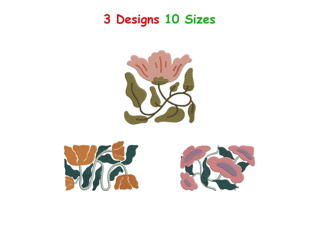 Floral Machine Embroidery Design Bundle - Flowers With Leaves Digital ...