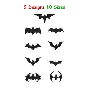 May include: Nine different black bat logos are displayed on a white background. The text "9 Designs 10 Sizes" is above the logos. The logos vary in shape and style, with some featuring a more traditional bat silhouette and others with a more stylized design.
