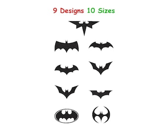 Diseño de bordado de murciélago - Símbolos de superhéroes de murciélago - Bordado a máquina de Batman - Bordado del logotipo de Batman - Bordado de cómic - 10 tamaños