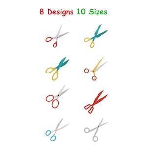 Könnte beinhalten: Ein Bild mit acht Scherenpaaren in verschiedenen Farben, darunter Rot, Gelb, Grün und Blau. Der Text oben lautet "8 Designs 10 Sizes."