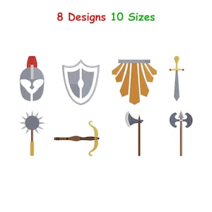 May include: An illustration featuring eight designs of medieval weaponry and armor. The image includes a helmet, shield, decorative element, sword, mace, bow and arrow, and two types of axes. Text at the top reads "8 Designs 10 Sizes."
