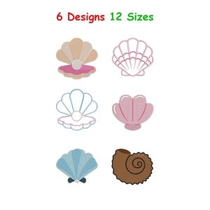 May include: Six digital embroidery designs of seashells in various styles, including clams with pearls and spiral shells. The text 6 Designs 12 Sizes is displayed at the top. The colors include beige, pink, light blue, and brown in line art and fill.
