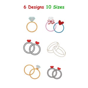 May include: An image displays six different designs of wedding rings. The rings are gold, silver, and black, with various embellishments, including diamonds, hearts, and bows. The text at the top reads "6 Designs 10 Sizes."