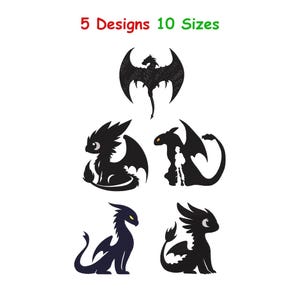 Könnte beinhalten: Fünf schwarze Drachendesigns werden auf weißem Hintergrund gezeigt. Der Text "5 Designs 10 Sizes" befindet sich über den Designs. Die Drachen sind als Silhouette dargestellt, mit unterschiedlichen Posen und Flügelformen. Einige Designs enthalten eine Charakter-Silhouette.