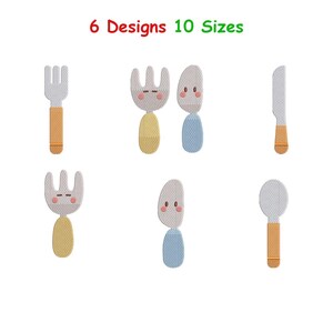Puede incluir: Imagen con seis diseños diferentes de cubiertos bordados. Los diseños incluyen tenedores, cuchillos y cucharas con caras de dibujos animados. Los mangos son en tonos amarillos y naranjas, con el texto "6 Designs 10 Sizes" en verde.