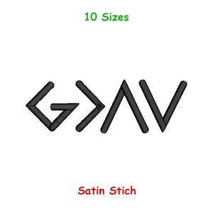May include: Black embroidered design of the letters G, A, and V, with a less than and greater than symbol. The text "10 Sizes" is above the design in green, and "Satin Stich" is below in red.