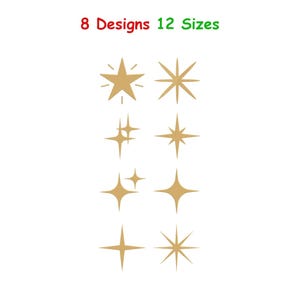 Peut inclure: Fond blanc avec huit motifs d'étoiles dorées de formes variées. Le texte "8 Designs 12 Sizes" est en rouge et vert. Les étoiles sont symétriques, avec des pointes et des lignes rayonnantes.