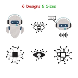 Peut inclure: Une collection de six motifs de broderie machine comprenant deux robots gris clair avec des visières et des casques bleus, deux motifs de circuits imprimés noirs et deux yeux stylisés avec des lignes rayonnantes. Le texte 6 Designs 6 Sizes est visible.