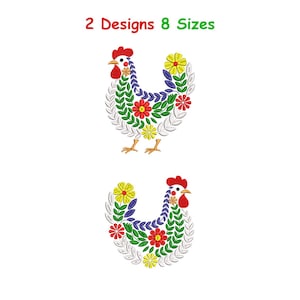 May include: Two machine embroidery designs of roosters, each composed of colorful floral and leaf patterns in red, yellow, blue, green, and white. The text 2 Designs 8 Sizes is displayed in red and green at the top of the white background.