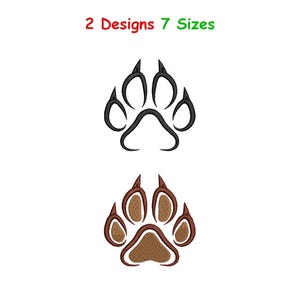 May include: Two animal paw print embroidery designs with the text 2 Designs 7 Sizes at the top. The top paw print is a black outline, while the bottom paw print is filled with brown texture and outlined in dark brown thread on a white background.