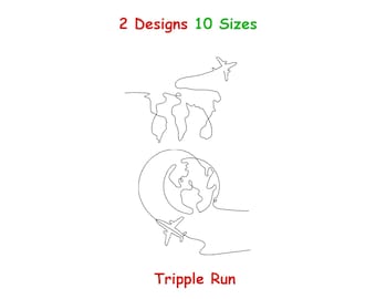 LineArt Airplane & Globe Machine Embroidery Design - Travel Line Art Embroidery Pattern - World Map Decor Embroidery - 10 Sizes