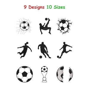 Könnte beinhalten: Auf weißem Hintergrund sind neun schwarze Designs zum Thema Fußball und der Text "9 Designs 10 Sizes" zu sehen. Die Designs umfassen Fußbälle, Fußballspieler und eine Trophäe.