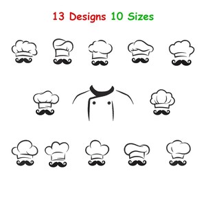 May include: A selection of black and white chef hat designs with moustaches. The text at the top reads "13 Designs 10 Sizes" in red and green. The image showcases different chef hat styles, ideal for culinary-themed items.
