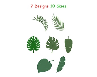 Diseño de bordado de hojas tropicales - Diseño de bordado de hojas de plátano y palmera - Archivos de diseño de bordado a máquina de hojas - 10 tamaños
