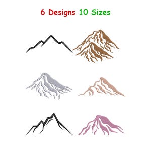 May include: An image featuring six mountain designs in various colors, including black, brown, gray, and pink. The text "6 Designs 10 Sizes" is displayed in red and green at the top of the image. The designs are likely for embroidery or digital art.