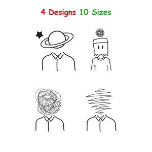 May include: A white background features four minimalist line art designs. Each design depicts a person's torso and collared shirt, with different abstract shapes replacing the head. The text "4 Designs 10 Sizes" appears at the top.