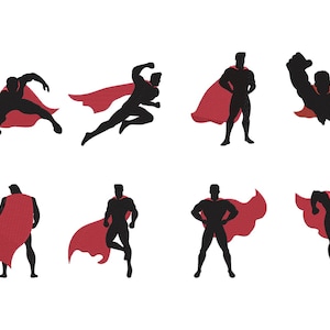 Puede incluir: Ocho siluetas negras de superh&eacute;roes con capas rojas en varias poses de acci&oacute;n. Las figuras se representan en diferentes posturas, incluyendo correr, estar de pie y volar. La imagen es una ilustraci&oacute;n gr&aacute;fica de un tema de superh&eacute;roes.