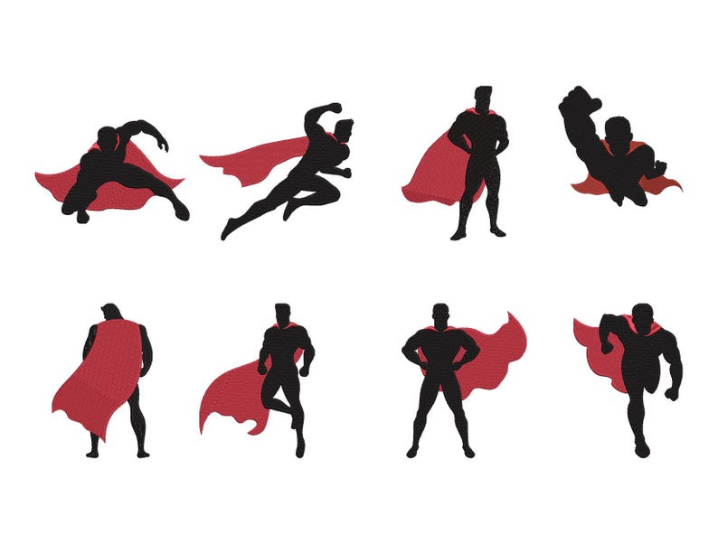 Puede incluir: Ocho siluetas negras de superh&eacute;roes con capas rojas en varias poses de acci&oacute;n. Las figuras se representan en diferentes posturas, incluyendo correr, estar de pie y volar. La imagen es una ilustraci&oacute;n gr&aacute;fica de un tema de superh&eacute;roes.