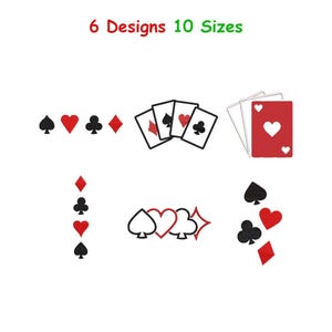Puede incluir: Un fondo blanco muestra los palos de la baraja: picas, corazones, tréboles y diamantes. Se muestran varios arreglos de cartas, incluyendo una mano de cartas y una sola carta de corazón roja. El texto dice "6 Designs 10 Sizes."