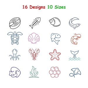 Ocean Sea Life Machine Embroidery Design Bundle - 16 Marine Animals Icons - Fish Turtle Lobster Starfish Shrimp Shell Digital Emb - 10 Sizes