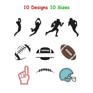 May include: A collection of football-themed designs, including silhouettes of players, footballs, a foam finger, and a helmet. The text "10 Designs 10 Sizes" is displayed in red and green above the designs. The designs are in black, white, red, and blue.
