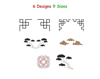 Diseño de bordado para borde de bonsái - Patrón japonés-chino para esquina - Bordado a máquina de bonsái en nube - Bordado de árbol bonsái - 10 tamaños