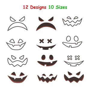 Op de afbeelding: Een witte achtergrond toont 12 verschillende Halloween pompoengezichtsontwerpen in bruin en zwart. De tekst "12 Designs 10 Sizes" staat bovenaan. De ontwerpen omvatten verschillende ogen en monden.