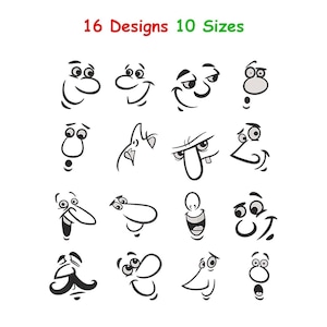 Lustige Gesichter Stickmuster - Gesichtsausdrücke Stickmuster, Süße Gesichter Stickmuster, Gesichts Bundle Stickmuster - 10 Grössen