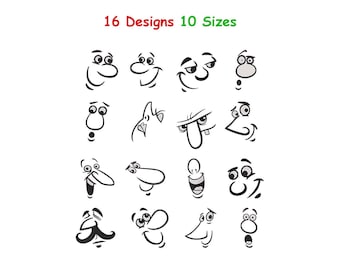 Diseños de bordado de caras divertidas - Diseños de bordado de expresiones faciales - Diseños de bordado de caras lindas - Paquete de diseños de bordado de caras - 10 tamaños