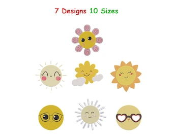 Diseño de bordado de sol - Archivos de diseño de bordado de sol sonriente - Bordado de sol adorable - Archivos de diseño de bordado a máquina de sol con cara sonriente (10 tamaños)