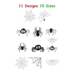 May include: A digital collection of 11 black spider and spiderweb designs in 10 sizes. The graphic set features various spider silhouettes, cartoon spiders with large eyes, and intricate web patterns including corner and hanging web motifs.