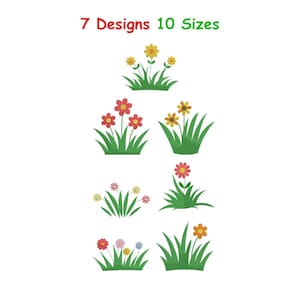 Puede incluir: Un fondo blanco muestra siete diseños florales en hierba verde con flores coloridas. El texto "7 Designs 10 Sizes" está encima de los diseños. Las flores son amarillas, rojas y naranjas.