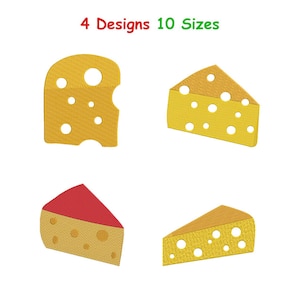 May include: Four cheese designs in various shapes, including a wedge with a red rind. The cheese is yellow with holes. The text at the top says "4 Designs 10 Sizes" in red and green.