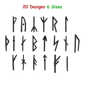 Puede incluir: Una colección de 20 diseños de runas negras en varios tamaños, sobre un fondo blanco. El texto "20 Designs 6 Sizes" está en rojo y verde en la parte superior. Las runas son estilizadas, con líneas rectas y formas angulares.