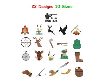 Paquete de diseños de bordado de mini iconos de caza - Diseños de caza, pesca y ciervos - Para amantes de la naturaleza y aficionados al bordado a máquina - 10 tamaños