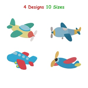 May include: Four colorful airplane designs in various colors, including blue, yellow, red, and green. The image also includes the text "4 Designs 10 Sizes" in red and green.
