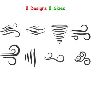 Op de afbeelding: Op een witte achtergrond staan acht zwarte windthema-ontwerpen in verschillende stijlen. De tekst "8 Designs 8 Sizes" is in rood en groen. De ontwerpen omvatten gebogen lijnen, een tornado en wervelende vormen.