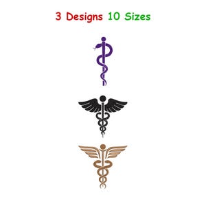 Pode incluir: Três designs de símbolos médicos em roxo, preto e castanho. O design superior é uma vara roxa com uma cobra e o texto "3 Designs 10 Sizes" em vermelho e verde. O design do meio é um caduceu preto. O design inferior é um caduceu castanho.
