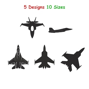 Könnte beinhalten: Schwarze Silhouetten von fünf verschiedenen Düsenjet-Designs vor weißem Hintergrund. Der Text "5 Designs 10 Sizes" befindet sich über den Jets. Der Text ist in Rot und Grün.